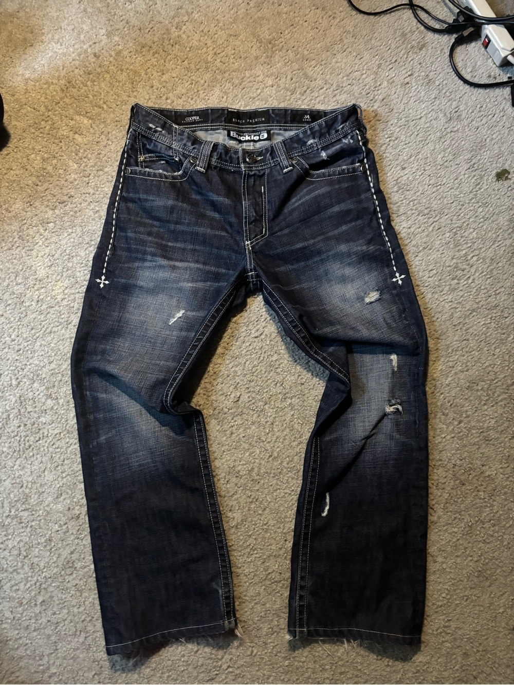 Affliction x Buckle Men's Dark Wash Distressed Jeans - Navy Blue